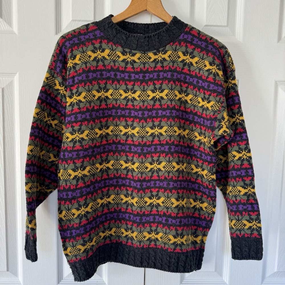 Vintage 80s 90s Sweater Womens Sz M/L Geometric Grandpa Core Ski Retro USA Flaw